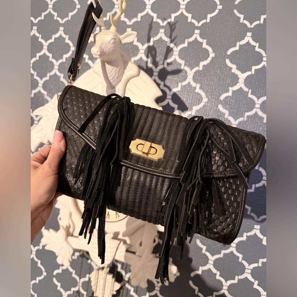 Black Designer Fringe Clutch